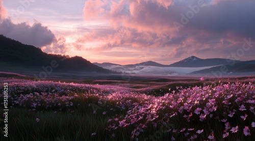 Beautiful Pink Flowers Bloom in a Serene Valley at Sunset in the Mountains