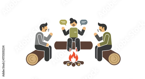Three people sitting on logs around a campfire engaged in conversation with speech bubbles.