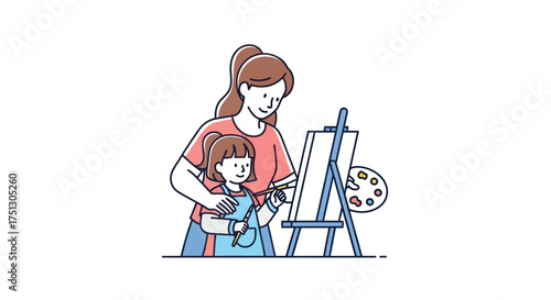 Mother and Daughter Painting Together on Easel Artistic Bonding.