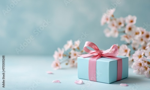 Brightly Wrapped Gift Box With Pink Ribbon Beside Cherry Blossom Branches in ...