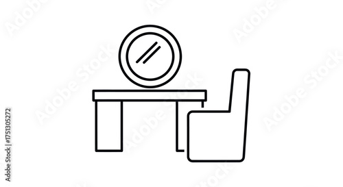 Minimalist Vanity Table with Round Mirror and Chair Outline.