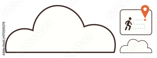 Large cloud outline paired with geolocation icon featuring running figure and dotted path. Ideal for cloud storage, connectivity, mobility, data management, navigation, location tracking, simple flat