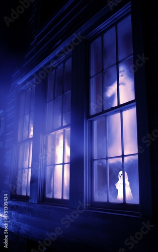 Ghostly Figures Appear in Haunted House Windows at Night With Eerie Blue Ligh...