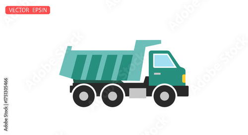 Teal Dump Truck with Cargo Bed and Black Wheels Side View.