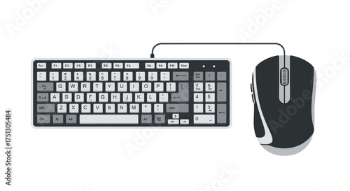 Modern black and white computer keyboard and mouse set essential input devices.