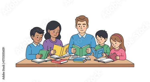 Teacher Reading with Students Studying Books Together.