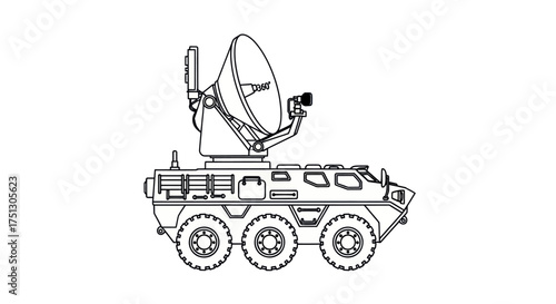 Military Armored Vehicle with Large Satellite Dish for Communication.