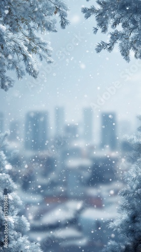 Snowflakes Falling Gently on a Cityscape Framed by Frosted Tree Branches Duri...