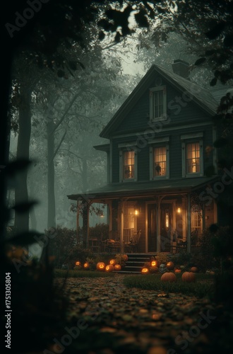 Cozy Haunted House With Glowing Pumpkins on a Foggy Evening in Autumn