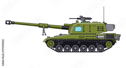 Olive Green Self-Propelled Howitzer with Long Barrel and Detailed Tracks.