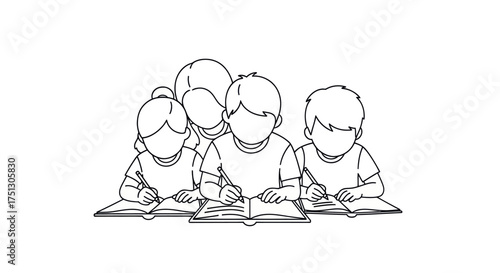 Teacher Supervising Children Writing in Notebooks Line Art.