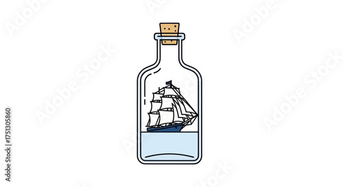 Vintage sailing ship enclosed within a clear glass bottle with cork stopper.