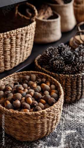 Baskets Filled With Acorns and Pinecones Displayed in a Cozy Indoor Setting D...