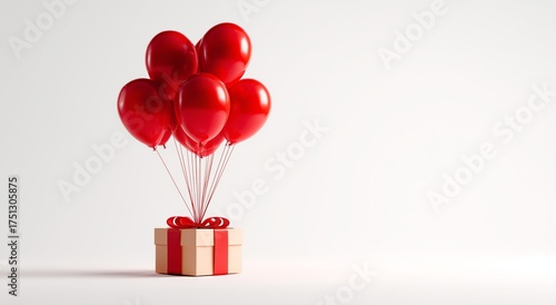 Red Balloons Rise From a Gift Box in a Minimalistic Setting
