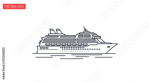 Detailed Line Art Illustration of a Modern Cruise Ship.