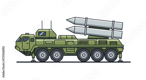 Green Military Missile Launcher Truck with Two Ballistic Missiles.