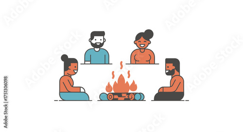 Diverse group of people gathered around a campfire sharing stories and warmth.