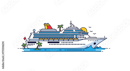 A large white cruise ship with multiple decks and balconies sails on blue water with palm trees and a sun.