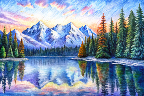 Watercolor vector lake landscape, snow-capped mountains, calm water reflection, evergreen forest, winter dawn, pastel colors, serene nature, wall art, peaceful illustration