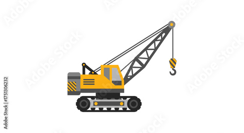 Yellow and Black Construction Crane with Hook and Tracks.