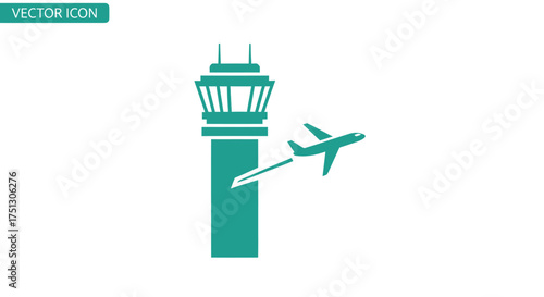 Teal Airport Control Tower with Airplane Taking Off Vector Icon.