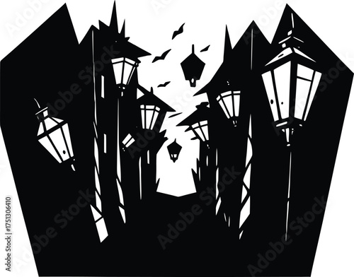 Haunted Alleyway With Broken Lanterns Silhouette