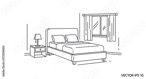 Hand-drawn illustration of a bedroom with a bed and nightstand.