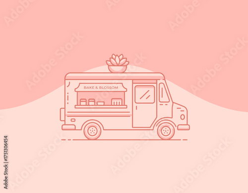 This whimsical illustration of a food truck adorned with blossoms represents the charm of street food culture, blending delightful culinary offerings and aesthetic appeal.
