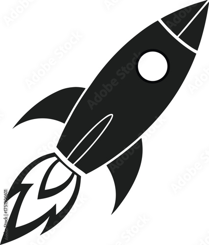 Black rocket ascending with fiery exhaust space launch