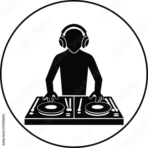 Black silhouette dj mixing music headphones turntables