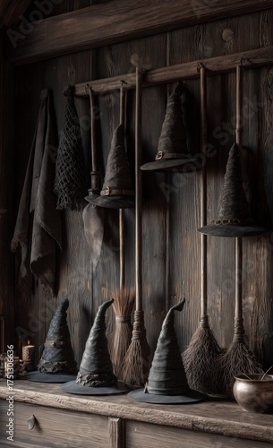 Hats and Brooms Displayed on Wooden Wall in a Rustic Room With a Magical Atmo...