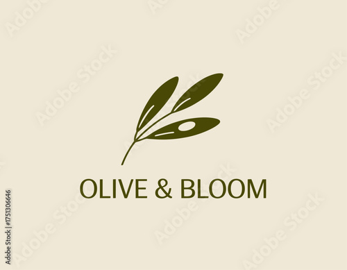 The logo showcases an elegant olive branch, symbolizing peace, prosperity, and health, ideal for brands in food, wellness, or lifestyle sectors.