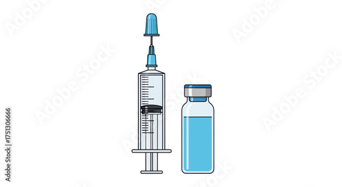 Medical Syringe and Vial with Blue Liquid for Vaccination.