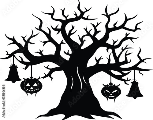 Haunted Pumpkin Tree With Lanterns Hanging Silhouette