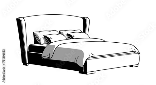 Elegant upholstered bed with headboard and pillows line art illustration.