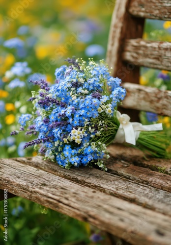 Beautiful Bouquet of Blue Wildflowers Resting on Rustic Wooden Surface in a V...