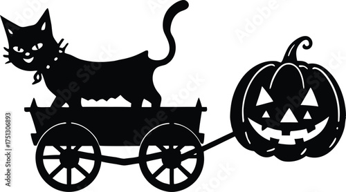 Haunted Pumpkin Wagon Pulled By Black Cat Silhouette