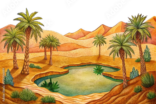 desert oasis, palm trees, shimmering pond, sand dunes, warm earth tones, exotic landscape, book cover art, adventure illustration