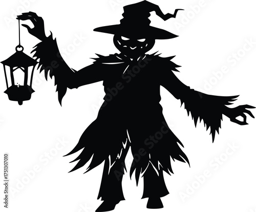 Headless Pumpkin Scarecrow Holding Lantern Silhouette