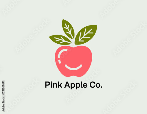 The whimsical pink apple logo features a cheerful smile, perfect for brands related to health, organic products, or children’s items promoting joy and well-being.