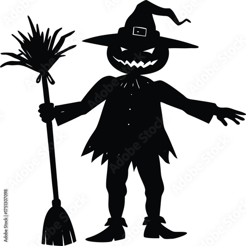 Pumpkin Headed Scarecrow Holding Broom Silhouette