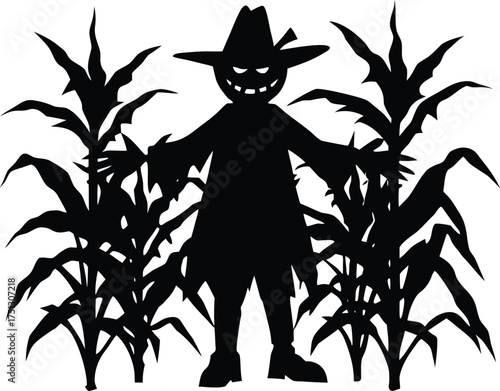 Pumpkin Scarecrow Guarding Corn Maze Silhouette