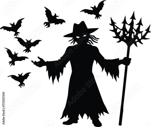 Scarecrow Holding Pitchfork With Bat Swarm Silhouette