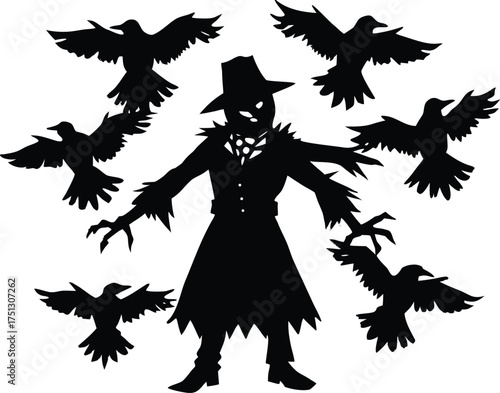 Scarecrow Surrounded By Ravens Silhouette