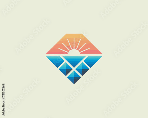 A vibrant image showcasing a diamond shape with a sunset and ocean design, ideal for travel, adventure, or lifestyle brands promoting natural beauty and joy.