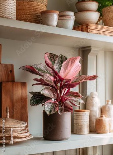 Stylish Indoor Plant Arrangement With Pottery and Woven Baskets in a Cozy Liv...