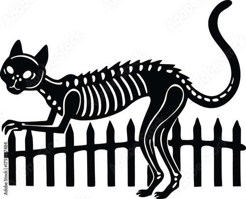 Skeleton Cat Stretching On Fence Silhouette