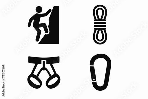 Rock climbing gear icons: climber, rope, harness, carabiner