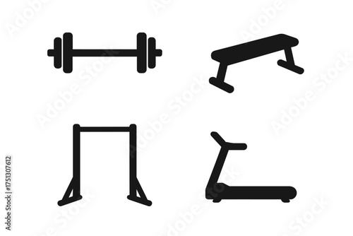 Set of gym equipment icons: dumbbell, bench, pull-up bar, treadmill