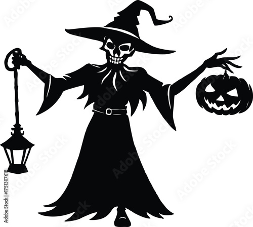 Skeleton Witch Holding Pumpkin Lantern Silhouette